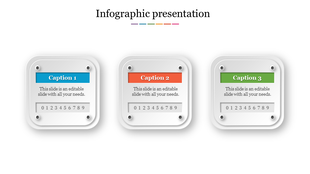 Infographic PowerPoint presentation slide with three sections featuring colorful captions and a numbering design.
