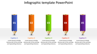 Colorful pencil shaped infographic with numbered sections in blue, orange, green, red, and purple on a white background.