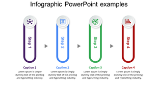 Four vertical infographic steps in purple, blue, green, and red with circular icons and captions below.