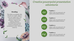 Creative design template with decorative flowers surrounding text content on the left and four green circular caption areas.