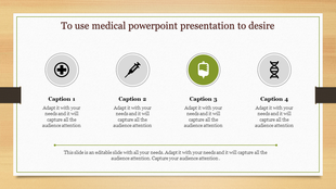 Medical themed layout featuring four circular icons evenly spaced on a light beige backdrop with a green border.