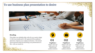 Business plan slide shows a team brainstorming with text and three icons for categories like strategy, business, and growth.