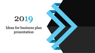 Modern business plan slide with the year '2019' in blue, a stylized arrow design, and placeholder text areas.