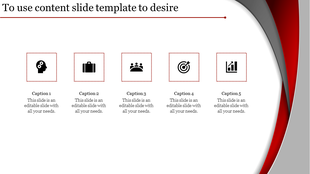 Content slide featuring five icons representing different business concepts with placeholder text.