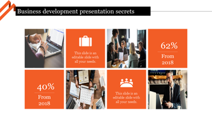 Slide showing business development with images of work on laptops, a briefcase, team collaboration, and two percentage.