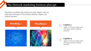 Two orange heading blocks above blue and multicolor network visuals, with captions on the right.