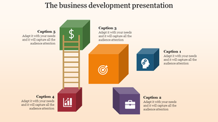 Business development PowerPoint template with colorful blocks and icons with captions and placeholder text.