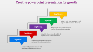 Creative template showcasing a step-by-step growth diagram with captions on blue, red, purple, green, and yellow blocks.