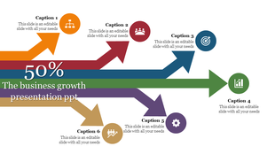 Business growth slide with six arrows in orange, red, blue, green, purple, and gold, each labeled with icons.