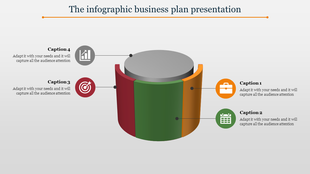 PowerPoint slide showing an infographic business plan with segmented circular visuals with icons and captions.