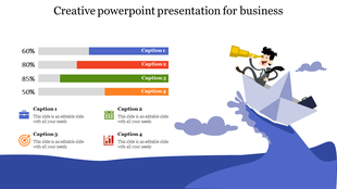 Creative business infographic with percentage bars, icons, and an illustration of a businessman on a blue wave.