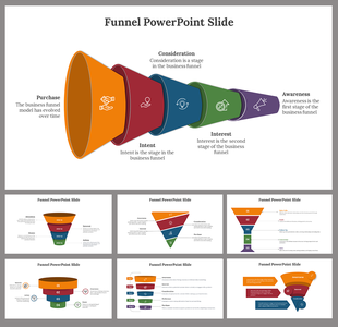 Presentation featuring a detailed funnel design and multiple slides explaining each stage with matching colors and icons.
