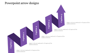 Upward arrow infographic with five purple sections in a stair-step layout, each featuring a caption and supporting text.