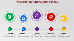 Business themed infographic with interconnected gears in green, blue, purple, red, and yellow, paired with captions areas.