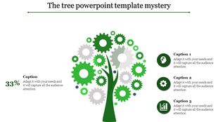 Tree shaped design made of green and gray gears with three caption sections for text.