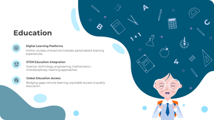 Education PowerPoint slide featuring three main topics with icons and text descriptions.