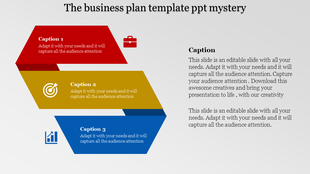 Business plan slide featuring a triangular diagram with three sections, each representing business components with captions.