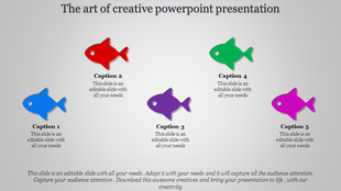 Slide with five colorful fish icons in blue, red, purple, green, and pink, each paired with a caption beneath.
