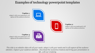 Technology themed PowerPoint slide showing various icons such as a laptop, battery, and printer with captions.