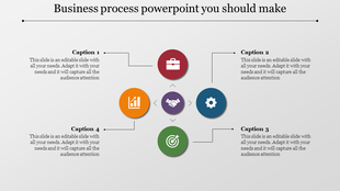 Business process diagram with a central handshake icon, surrounded by icons for a briefcase, graph, gear, and target.