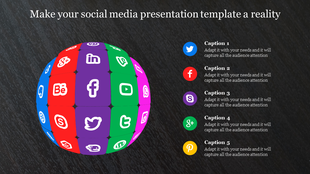 Social media icons on a 3D cube, showing various platforms such as Twitter, Facebook, Instagram, and LinkedIn with captions.