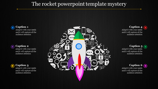 Infographic featuring a colorful rocket silhouette centered among business icons, paired with six circular captions.