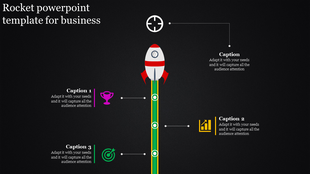 Vertical rocket infographic with a red and white rocket at the center, connected to icons for trophy, bar chart, and target.