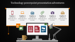 Technology themed infographic with six captions and icons above a desk setup featuring a computer monitor and lamp.