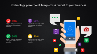 Hand holding a smartphone surrounded by technology icons and percentages representing digital engagement.