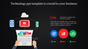 Slide featuring a cloud linked to a laptop and smartphones, with icons for video, chat, and analytics on a black backdrop.