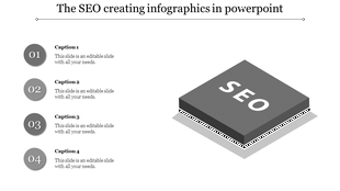 Monochrome SEO slide featuring a 3D book illustration on the right and four numbered sections on the left.