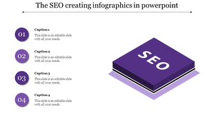 SEO strategy slide featuring a 3D purple book labeled and a four-step numbered list with captions aligned on the left.