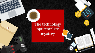 Flat lay of office items surrounding a red square with text, including a laptop, coffee cup, camera, calculator, and coins.