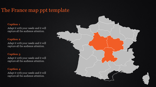 Map of France featuring orange highlighted regions and gray areas, with four captions listed, on a dark background.