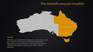 Australia map template showing highlighted eastern territories in orange and the rest in gray.