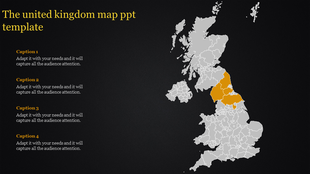 PowerPoint template showing a map of the United Kingdom with a highlighted area in orange on a dark backdrop.