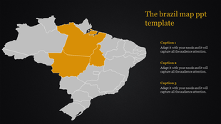 Gray map of Brazil with highlighted regions in orange, on a dark background with three captions on the right.