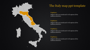 Italy map showing the northern area in orange against the rest of the country in grey placed in a dark background.