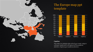 PowerPoint slide featuring a Europe map with highlighted countries and bar chart data with placeholder text on a dark theme.