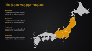 Japan map with highlighted orange regions and gray surrounding areas on a dark background with four captions on the side.