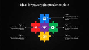 Puzzle slide with red, blue, green, yellow, and purple pieces connected in a cross layout, each labeled with captions.