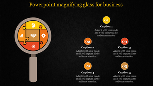 Magnifying glass graphic with orange and yellow puzzle pieces surrounded by five numbered captions, on a black backdrop.