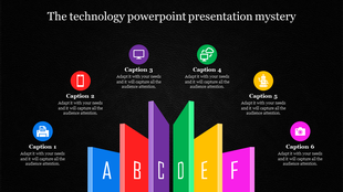 Colorful technology slide featuring icons representing various technological concepts with icons and captions.
