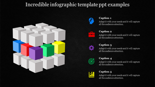 PPT template featuring a 3D arrangement of colorful cubes, representing an infographic design with captions on a dark theme.