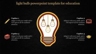 Educational-themed slide featuring a central light bulb with hanging bulbs and four captions areas. 