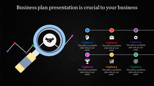 Business plan template with a magnifying glass, handshake icon, and colorful graphs with captions on a dark backdrop.