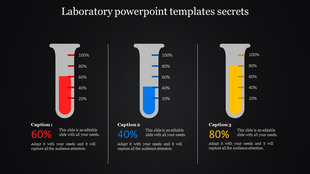 Three vertical test tube graphics filled with red, blue, and yellow liquids, each with percentages on a dark background.