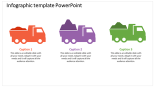 Infographic template showcasing three dump trucks with captions, color-coded as orange, purple, and green.