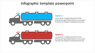 Infographic PowerPoint template with two trucks, one blue and one red, with text captions.