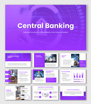 Banking PowerPoint Templates with digital bank interface graphic, purple gradient shapes and clean white layout.